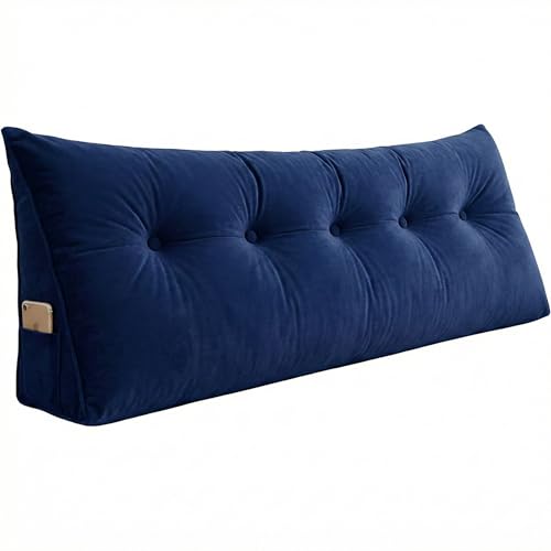 Image of Luxury Velvet Tufted Wedge Pillow with Side Pocket - Soft Headboard Back Support Cushion for Bed, Sofa & Floor Seating - Blue Color