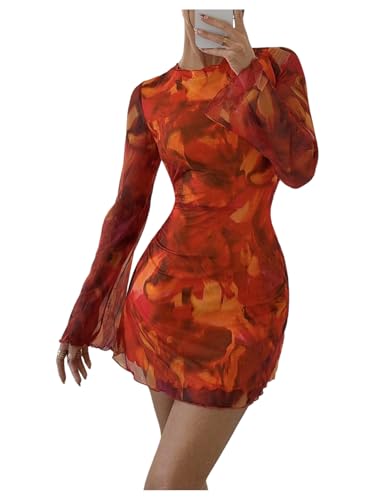 Milumia Women's Tie Dye Long Bell Sleeve Mesh Mini Dress Sexy Backless Bodycon Short Dresses