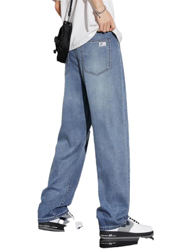 Men's Summer Ultra-Thin Jeans Soft Drape Loose Comfortable Wide-Leg Ice Silk Pants Light Blue 29