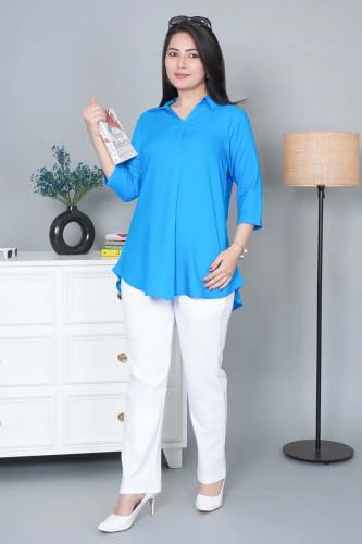 Image of Mlada Rayon Flare Top for Women | 3 /4th Sleeve Regular Fit and Flare Top | Women Office Tops Tunic | Western Long Shirt Top for Women | Shirt Collar Top for Women | Rayon Tunic Tops for Women Western