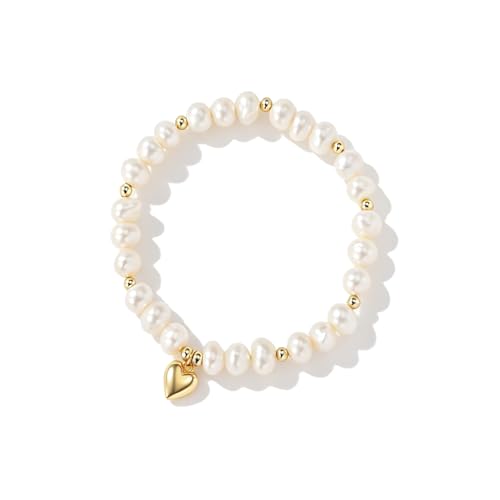 Sylph 6.5 Inches 6-7MM Cultured Freshwater Pearl Stretch Bracelet for Small Wrists, 18K Gold Plated Heart Charm Bracelets for Women, Baroque White Pearls Stretchy Beach Summer Jewelry Gift