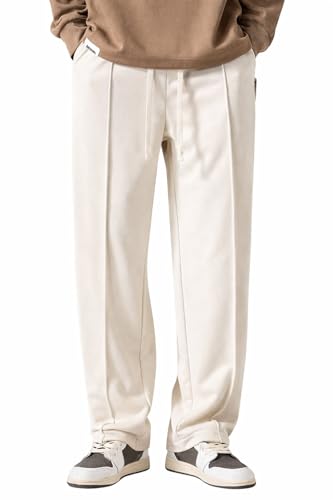 Image of CREVIO Men Wide Leg Loose Fit Trousers with Elastic Waist & Drawstring for Men - Korean Style Relaxed Straight Casual Pants, Comfortable Lounge Travel Streetwear Bottoms
