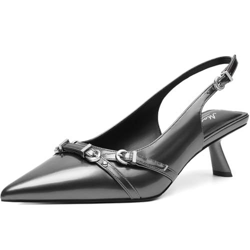 Mostrin Metallic Grey Kitten Heels for Women Sexy Pointed Toe Slingback Low Heels Dressy Pumps Shoes...