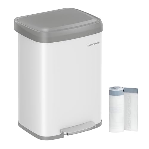 SONGMICS Kitchen Bin, 13 Gallon (50 L) Rubbish Bin, Metal Waste Pedal Bin with Lid, Tall and Large, White and Dove Grey LTB530W03