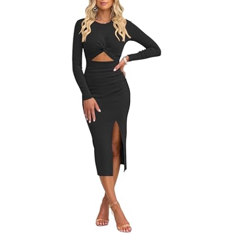oten Women's Casual Crew Neck Cutout Twist Long Sleeve Slit Knee Length Cocktail Dress Black Medium Cover