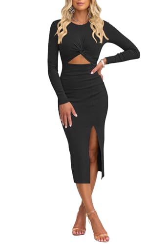 oten Women Casual Long Sleeve Cutout Twist Front Side Slit Ribbed Knit Party Bodycon Midi Dresses