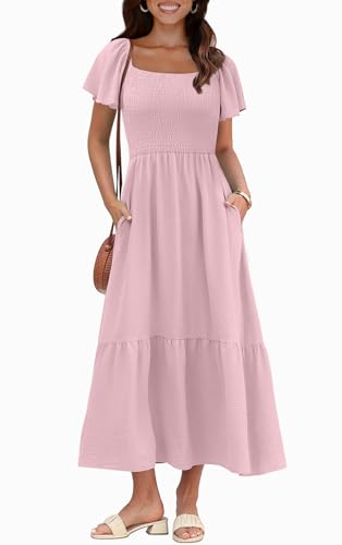 Image of OFEEFAN Summer Dresses for Women Square Neck Ruffle Sleeve Smocked Maxi Dress with Pockets