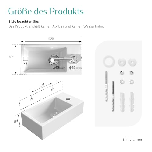 EMKE Waschbecken - Mini Hängewaschbecken für Badezimmer & Gäste-WC - 40 × 20 × 10 cm - Hochwertige KeramikWaschschale - rechteckig Armatur-Loch Rechte - Weiß – Bild 3