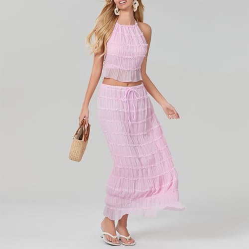 Image of Women Y2K Skirt Set Outfits Strapless Crop Top Bodycon Midi Skirt Dress Sexy 2 Piece Knit Outfits Skirt Summer