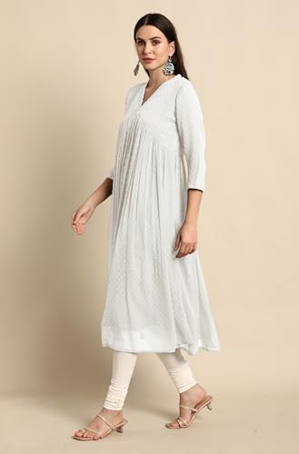 Image of Janasya Women's Dobby Chiffon Self Design Flared Kurta