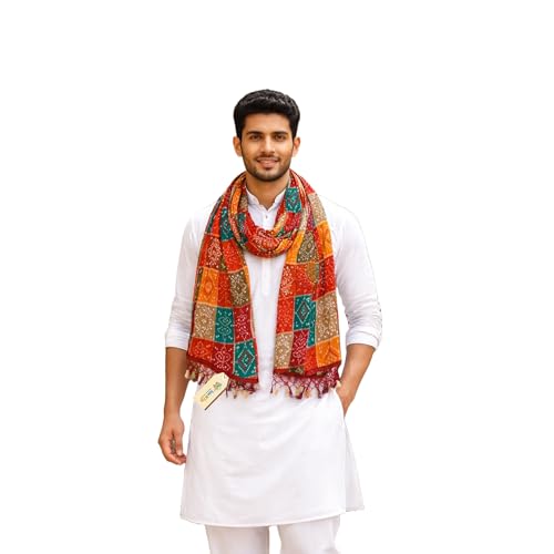 Traditional Men's Multicolor Silk Blend Bandhani Stole | Rajastha...