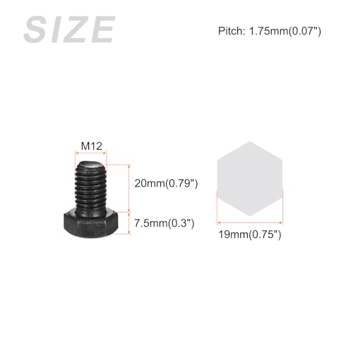 Image of METALLIXITY Hex Bolts (M12-1.75x20mm) 8Pcs, 12.9 Grade Carbon Steel Fully Threaded Black Oxide, Coarse Thread UNC Hex Head Screw Bolt - for Mechanical Repair