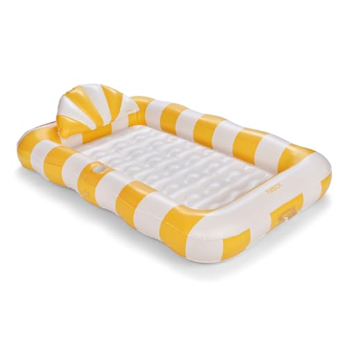 FUNBOY Tanning Pool Lounger Float Yellow Stripe, XL 72'' x 48'' Pool Float with Custom Pillow and Large Cup Holder, Perfect for Pool or Backyard.