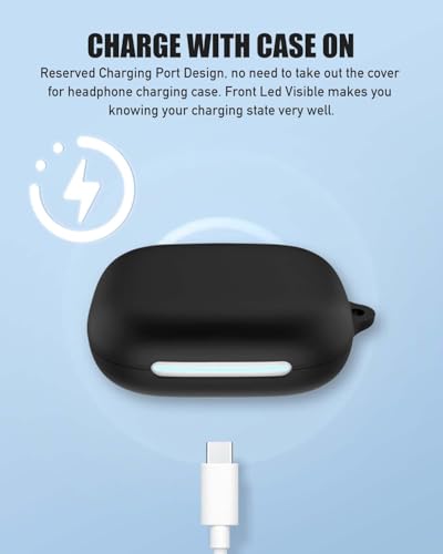 for Anker Soundcore AeroFit 2 Case Cover, Full Protective Silicone Skin Cover for Soundcore AeroFit 2 by Anker,with Keychain & Lanyard and Cleaner Kit, Front LED Visible, Black