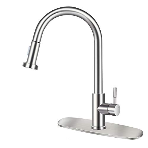 Hottest Sales Stainless Kitchen Faucet with Pull Down Sprayer 16” Height Single Handle Commercial Kitchen Sink Faucet with Pull Out Sprayer Single Hole Brushed Stainless Steel (Deck Plate Included)