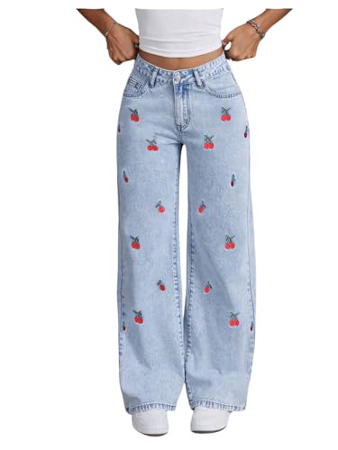 MakeMeChic Girl's Cherry Bow Straight Leg Jeans Zip Up Denim Pants Y2K Streetwear