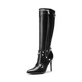DREAM PAIRS Women's Metallic Stiletto Heeled Knee-High Boots Sexy Fashion Thigh High Pointed Toe Dress Boots with Stud and Zipper Tassel,Size 8,BLACK,SDKB2309W