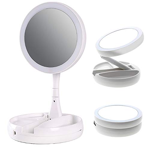 Kosmetikspiegel mit LED Licht, Schminkspiegel beleuchtet faltbar für Schminken Rasieren, Makeup