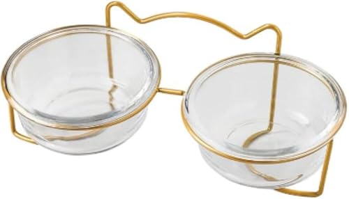 FenLinJun ペットボウル 猫 えさ 皿?ガラス茶碗 フードボウル ダイニングテーブル ペットボウルスタンドセットきんぞくフレーム ダイニング フードボール ペット食器 (ゴールデン,ボウル*2)