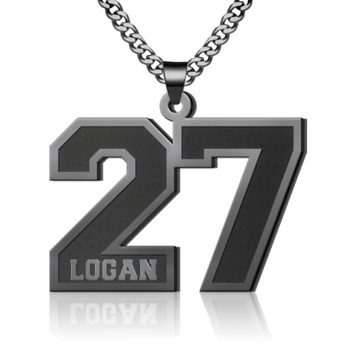 Personalized Number Necklaces with Name Customized Sports Necklaces - 18K Gold Plated Custom Number Pendant Engraved Name Chain for Basketball, Baseball Gifts for Men, Boys, Boyfriend