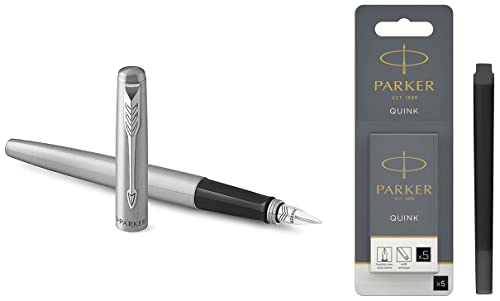 PARKER Jotter Pluma estilográfica, cuerpo de acero inoxidable con adorno cromado, plumín mediano y tinta azul + Quink recambios para plumas estilográficas, cartuchos largos, tinta negra