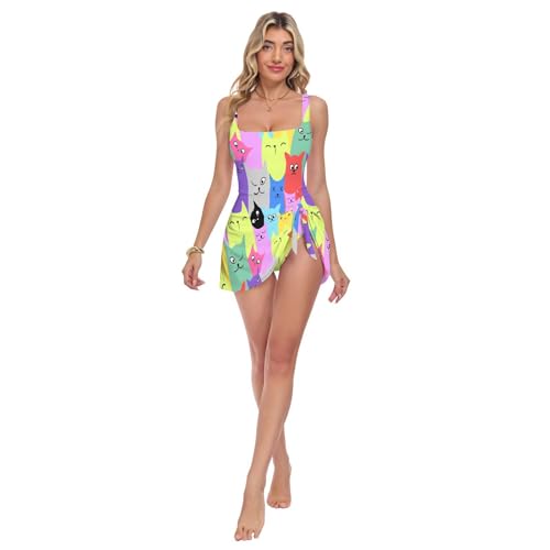 Maillot de bain 1 pièce chat coloré col carré gainant pour plage