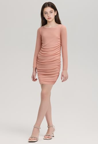 Girls Bodycon Dresses Long Sleeve Short Mesh Teen Girls Formal Dresses Crew Neck Ruched Party Prom Dance Dress4