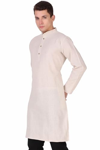 Image of Amazon Brand - Anarva Men's Handloom Cotton Solid Kurta Long Sleeves Straight Knee Length Long Shirt