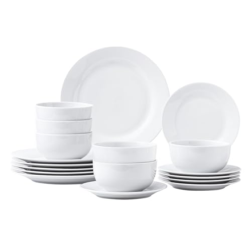 simpa Timeless 18PC Plain White Porcelain Dinner Set: 6 Dinner Plates, 6 Side Plates & 6 Bowls. Dishwasher & Microwave Safe.