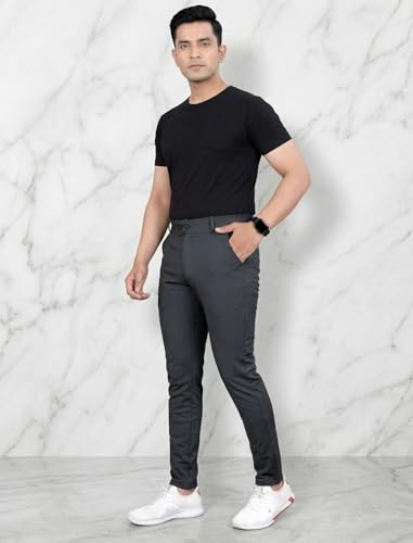 Image of MiraMichi Slim Fit Men's Formal Mid Rise Trousers - Solid Lycra Blend, Ideal for Formal Occasions, Stylish