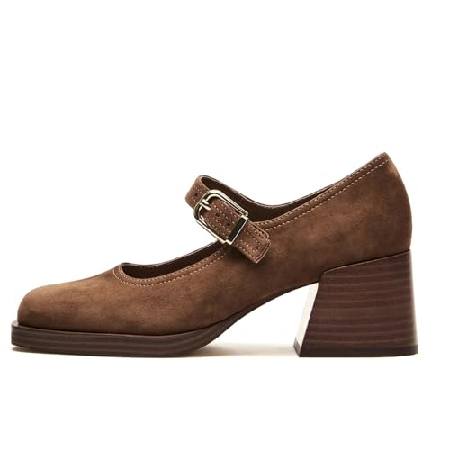 Mary Janes Heels for Women Retro Square Toe Platform Low Heel Chunky Loafer Pumps Vintage Dress Party Ballerina Shoes with Ankle Buckle Strap