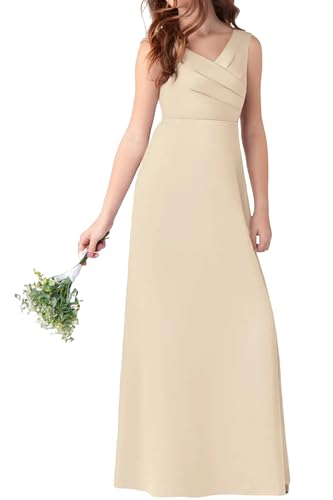 Long Satin Wedding Flower Girl Dress Ruffles Junior Bridesmaid Dress for Teen V-Neck Girls Pageant Ball Gown