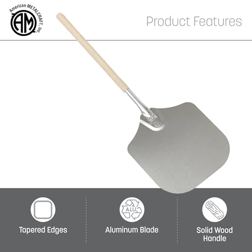 Image of American Metalcraft 3016 Aluminum Pizza Peel with 19 Inch Wood Handle - 12 x 14 Inch, 14 Gauge Aluminum Blade - Tapered Edges for Smooth Handling - Durable Commercial Grade, Silver