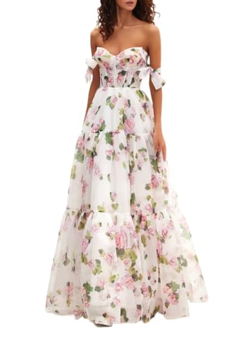 Floral Dresses Drop Shoulder Drawstring Puffy A-Line French Beach Wedding