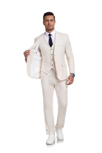 Men's 3-Piece Linen Suit Casual Slim Fit Vintage Suits Groomsmen Tuxedos Wedding Summer Beach Prom Blazer Pants Set4