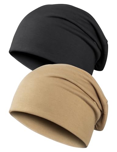 Kiiwah 2pcs Unisex Slouchy Beanie Cap, Winter Slouch Beanie Hat, Jersey Skull Cap for Men and Women (Black, Khaki)