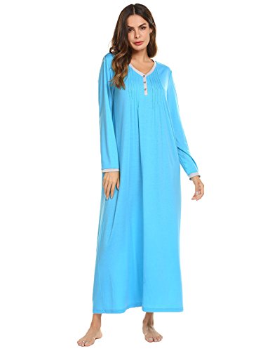 Ekouaer Womens Cotton Knit Long Sleeve Nightgown for Women, Henley Full Length Sleep Dress,Blue,X-Large