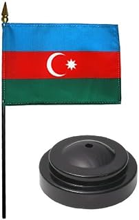 Azerbaijan Desk Flag with Base; American Made Rayon 4x6 inch Miniature Table Set Includes One Small Mini Country Stick Flags and One Black Stand (Azerbaijan Desk Flag and Base)