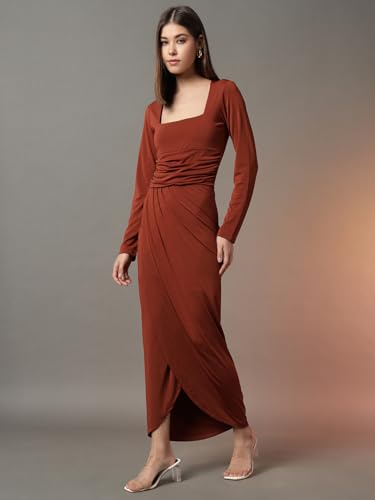 Image of Trend Arrest.ed Women's Bodycon Midi Dress | Square Neck Wrap Style | Stretchable | Full Sleeve Fitted Dress for Party, Evening, Casual Outings & Date Night