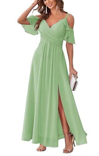 Damen Schulterfrei Brautjungfernkleider lang Chiffon plissiert formelle...