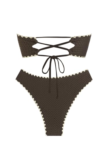 Image of ZAFUL Women's High Cut Bandeau Bikini Set Strapless Solid Color 2 Pieces Bathing Suit Swimsuit