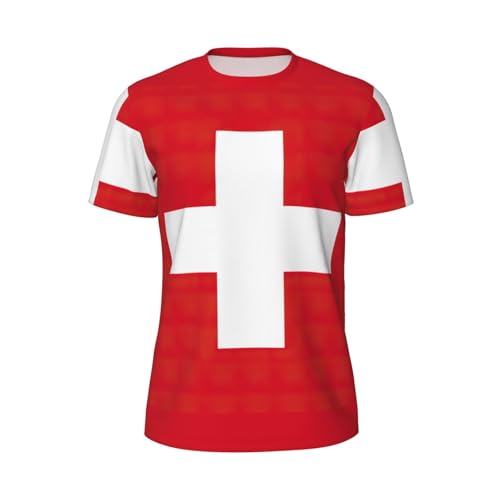 T-shirt da uomo con bandiera svizzera, vestibilità asciutta, traspirante, per palestra, allenamento con scollo rotondo, ideale per il fitness, nero, S