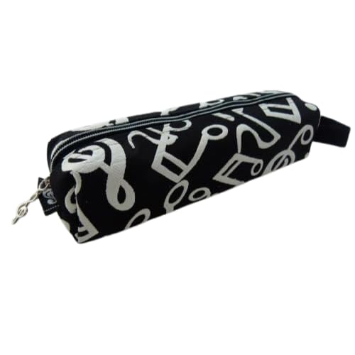 Embossed White Musical Notes Black Tube Zipper Pencil Case Pouch with Hand Strap