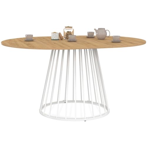 IDMarket Yuna – Mesa de comedor extensible redonda para 4-8 personas, bandeja de madera y pie con cable de metal, 110-150 cm, color blanco