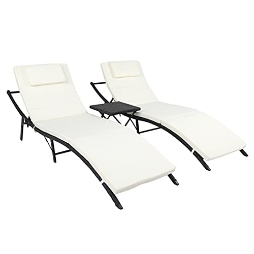 Juego de muebles de terraza de 3 piezas, 2 camas plegables, 1 mesa de café plegable, marco de hierro de polietileno negro, 4 líneas