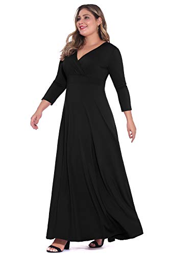Poseshe Women's Solid V-Neck 3/4 Sleeve Plus Size Evening Party Maxi Dress Black 3X-Large #TOP4