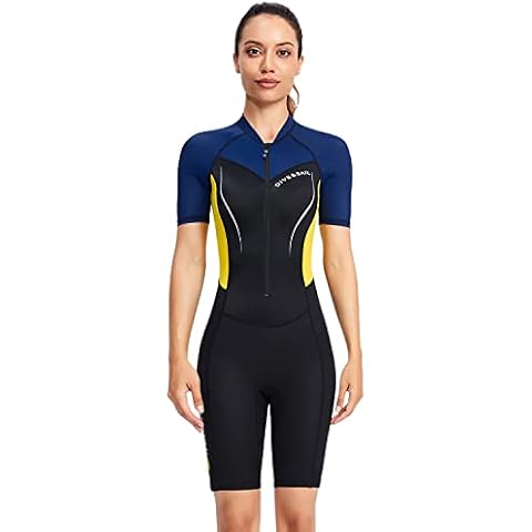 OttoBen Womens 1.5mm Wetsuit Short Thin Short Sleeve Drucken Snorkeling Swimmingen Surfing, Summer Sun PRedection Nylon Top Thermal Neopren Shorts Diving Suit Yellow XXL Cover
