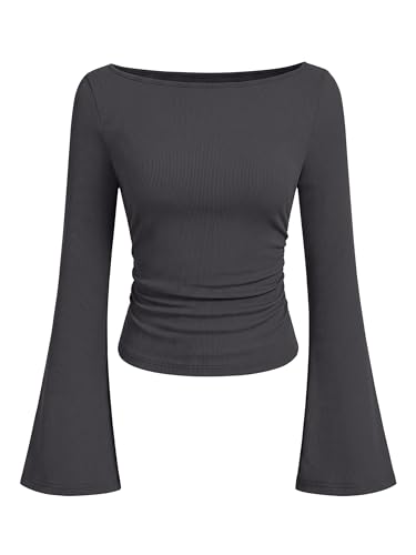 ANRABESS Women Bell Long Sleeve Shirts Boat Neck Top Dark Grey X-Small