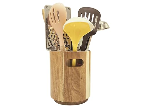 AYAMAX Porte-Ustensiles en Bois d’Acacia | Organiseur de Cuisine pour Plan de Travail | Pot à Ustensiles au Design Rustique (Grand 15×18 cm)