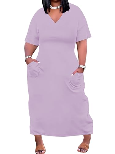 Image of SUZONANA Women Casual T-Shirt Dress V Neck Short Sleeve Solid Color Oversize Dress with Front Two Pockets